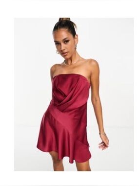 ASOS DESIGN satin bandeau asymmetric hem mini dress in burgundy